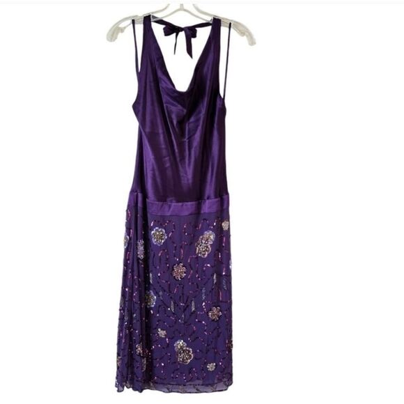 Women's Midi Dress Purple Embellished Size Medium Silk Halter Neck - Picture 1 of 7